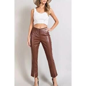 NWOT Wildfox‎ Princess Seams Faux Leather High Waist Split Hem Pants Brown Large